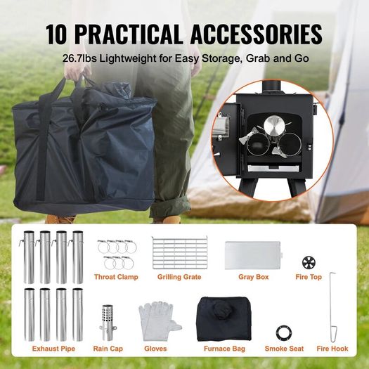 Wood Stove Alloy Steel Camping Tent Stove Portable Wood Burning Stove with Chimney Pipes & Gloves with 8 Pipes
