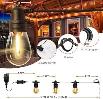 107ft Dimmable Outdoor String Lights, 32x1w Led Bulbs Remote Control Festoon Lights Outdoor,Garden Lights Mains Powered