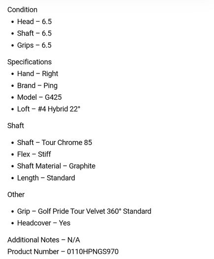 Ping G425 Hybrid / #4 22 Degree / Tour Chrome 85 Stiff