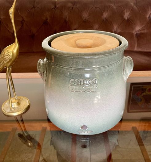 Handcrafted Kiltrea Bridge Pottery Stoneware Onion Crock Smooth Sage Green Glaze Embossed Onion Crock