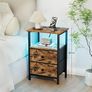 Bedside Table Set of 2 with Charging Station, Small Side Table with LED Light, Nightstand with 2 Fabric Drawers and Open Storage Shelf, Bedside Cabinets for Living Room, Brown Image 7