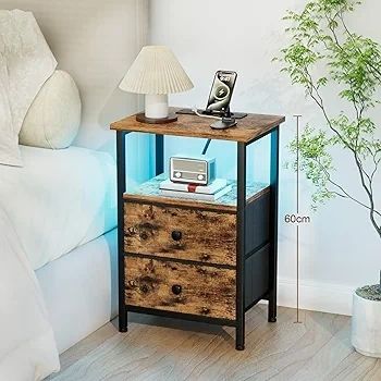Bedside Table Set of 2 with Charging Station, Small Side Table with LED Light, Nightstand with 2 Fabric Drawers and Open Storage Shelf, Bedside Cabinets for Living Room, Brown