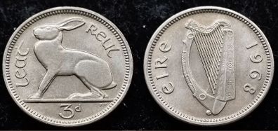 [#294] - Ireland 1968 | 3 Pence | Irish 3d | Hare | KM.12a | MS
