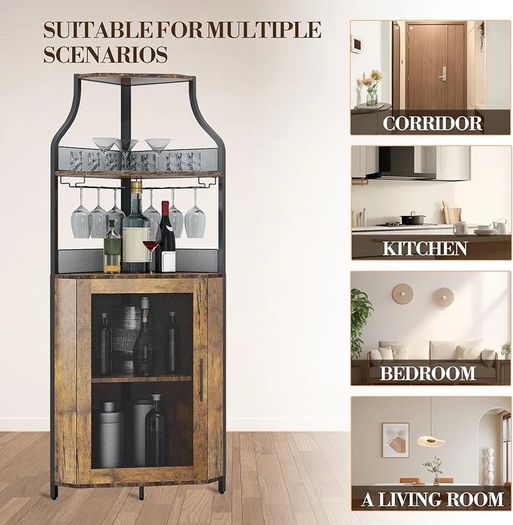 4-Tier Corner Bar Cabinet, Industrial Freestanding Wine Storage Sideboard with Doors and Glass Holders, Adjustable Shelf & Anti-Tipping Devices, for Home Bar, Kitchen, Living Room, Rustic Brown