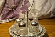 Vintage Mayell &amp; CO Queen Anne Revolving Silver Plated Glass 5 Piece Condiment Cruet Set