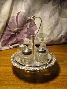 Vintage Mayell & CO Queen Anne Revolving Silver Plated Glass 5 Piece Condiment Cruet Set