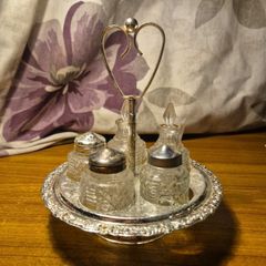 Vintage Mayell & CO Queen Anne Revolving Silver Plated Glass 5 Piece Condiment Cruet Set