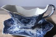 Antique Flow Blue Gravy Boat with Underplate