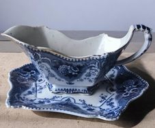 Antique Flow Blue Gravy Boat with Underplate