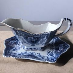 Antique Flow Blue Gravy Boat with Underplate