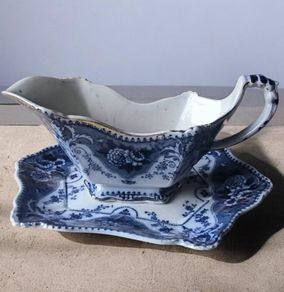 Antique Flow Blue Gravy Boat with Underplate