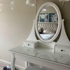 Elegant White Dressing Table with Oval Mirror & Stool