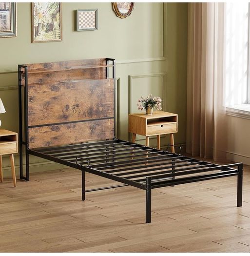 3ft Single Bed Frame with Storage Wooden Headboard, 90x190cm LED Light & Charging Station, Platform Metal Bed Frame Single, with Underbed Storage, Strong Metal Slat Support