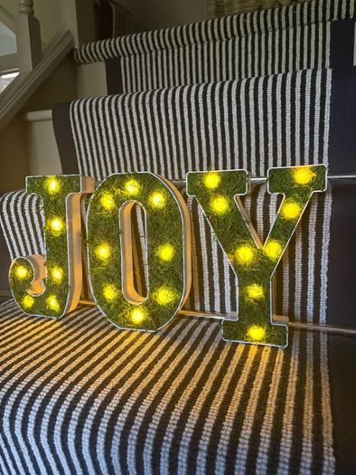 New bespoke 21.5cm high pre lit JOY sign with faux moss