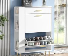 Shoe Storage Cabinet, Modern Shoe Cabinet with 2 Flip Hidden Doors and Drawer, Wooden Narrow Shoe Storage with Adjustable Shelves For Hallway, Entryway, Living Room 75x24x105.5cm (White)