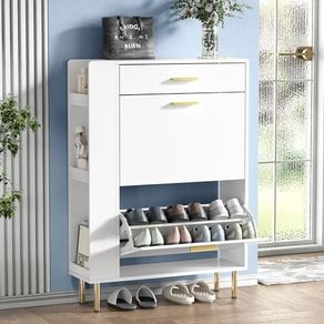 Shoe Storage Cabinet, Modern Shoe Cabinet with 2 Flip Hidden Doors and Drawer, Wooden Narrow Shoe Storage with Adjustable Shelves For Hallway, Entryway, Living Room 75x24x105.5cm (White)