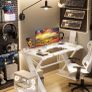 120 x 55 cm Gaming Desk with LED Lights, Gaming Table Thickened Z Shaped, Gamer Desk with Carbon Fiber Coated, Gaming PC Desk, Computer Desk Easy to Assemble, White Image 2
