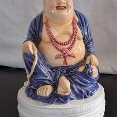 Ceramic Laughing Buddha Lamp Base Blue Robe Budai Hotei Vintage 20cm