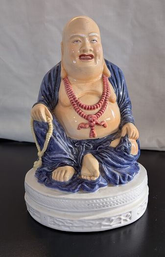Ceramic Laughing Buddha Lamp Base Blue Robe Budai Hotei Vintage 20cm