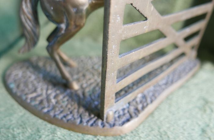 Vintage Large Solid Brass Horse on Base Horse Jumping Gate 11" x 9,5"