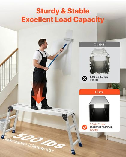 Folding Work Platform, Adjustable Height 584-876 mm, 1016 x 305 mm Aluminum Step Stool, 226.8 kg Load Capacity, Heavy Duty Non-Slip Platform Ladder