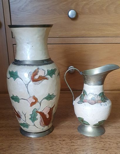 Vintage Enamelled Brass Vase and Jug