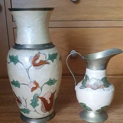 Vintage Enamelled Brass Vase and Jug