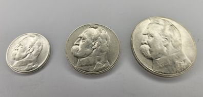 Poland 2 , 5 , 10 zlotych Pilsudski silver coins