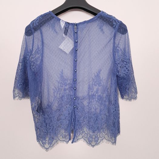 H&M Blue Sheer Floral Lace Boxy Blouse Top 8UK/36EU