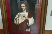 Vintage large mid 20th Century Sacred Heart of Jesus coloured framed print, Religious devotional items