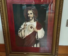 Vintage large mid 20th Century Sacred Heart of Jesus coloured framed print, Religious devotional items