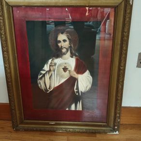 Vintage large mid 20th Century Sacred Heart of Jesus coloured framed print, Religious devotional items