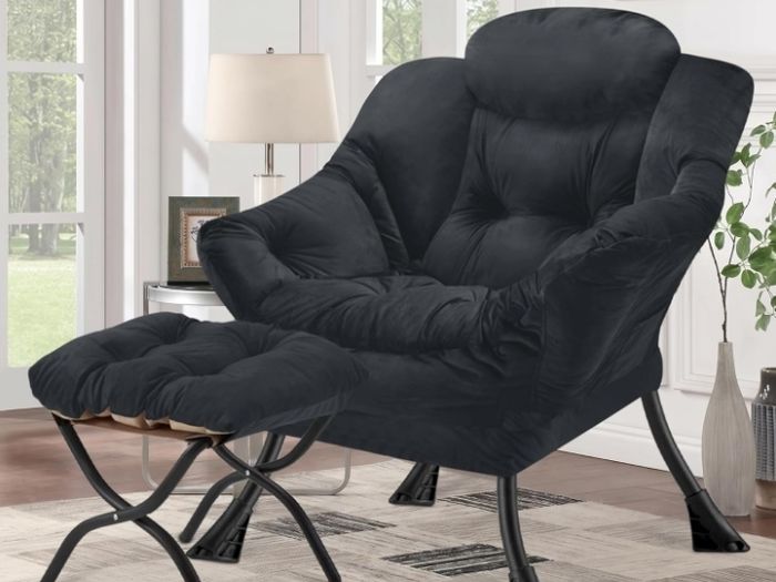Armchair Living Room Comfy Armchair Reading Chair with Footstool Lazy Accent Chairs Bedroom Cuddle Chairs, for Living Room Bedroom Study Room Office, Black