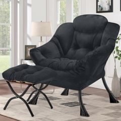 Armchair Living Room Comfy Armchair Reading Chair with Footstool Lazy Accent Chairs Bedroom Cuddle Chairs, for Living Room Bedroom Study Room Office, Black