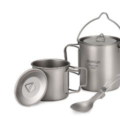 BRAND NEW Lightweight Titanium 3 Pcs Titanium 750ml Pot 420ml Water Cup Mug with Lid Folding Spork for Outdoor Camping