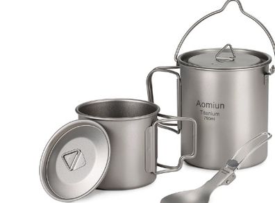 BRAND NEW Lightweight Titanium 3 Pcs Titanium 750ml Pot 420ml Water Cup Mug with Lid Folding Spork for Outdoor Camping