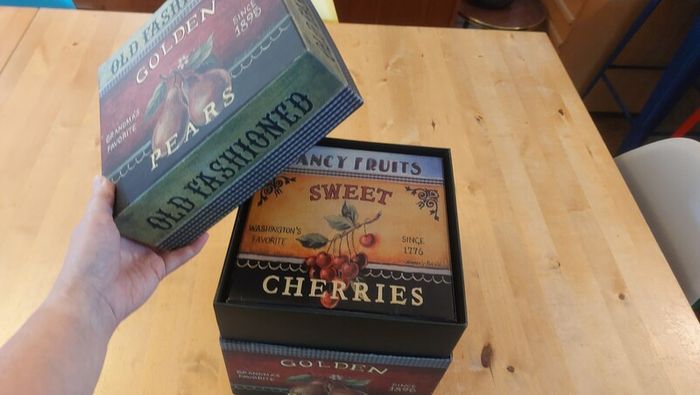 Fabulous Set of Three Large Graduated Stackable Nesting Storage Boxes by Quality Manufacturer Bob's Boxes/Lang Paper Co. with "Fancy Fruits" Artwork by Kimberly Poloson