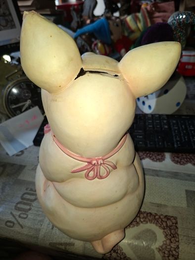 Large Vintage Hand Painted Ceramic Piggy bank Whimsical Baby Pig Pink Bib and Sucking on a Pacifier