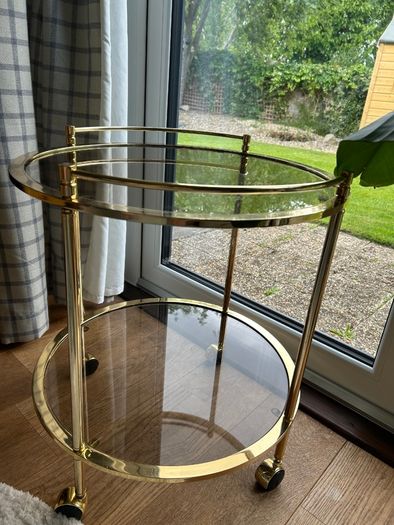 Vintage 1970s Hollywood Regency Gold Brass & Glass Bar Cart / Table
