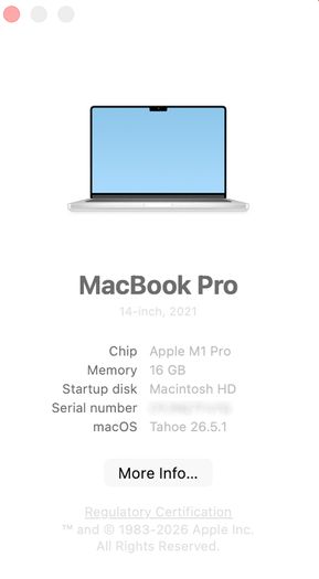 MacBook Pro 14 M1 16GB 512GB AppleCare+ Warranty to Jan 2027
