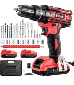 Drill Driver 21V, Bamse Cordless Hammer Drill with 2 Batteries 2.0Ah, 25+3 Torque, 42N.m Max Electric Drill, 30PCS Drill Bits, 2 Speed, LED Light for Home and Garden DIY Project (FREE POSTAGE)