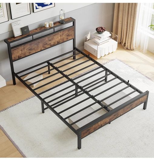 Double Bed Frame with Wooden Storage Shelf Headboard