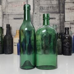 425 - Set of 2 Vintage Green Glass Collectible Decorative Bottles