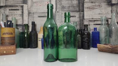 425 - Set of 2 Vintage Green Glass Collectible Decorative Bottles