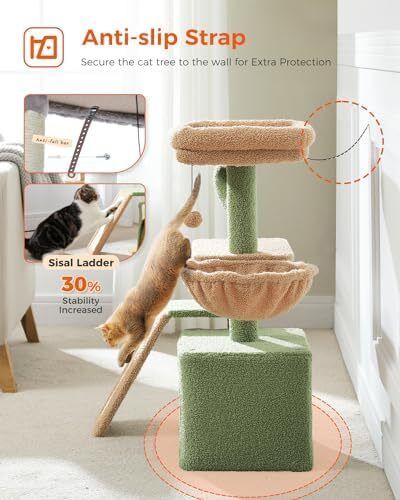 Road Cactus Cat Tree With Scratching Pad and Hammock Cat Tower With Condo, Small Cat Tower Comfy Basket For Indoor Cats, 80cm Green