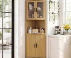 Tall Corner Storage Cabinet, Bathroom Corner Shelf Unit with Glass Door and 5 Storage Shelves, Freestanding Sideboard Cabinets for Living Room Kitchen, Nature