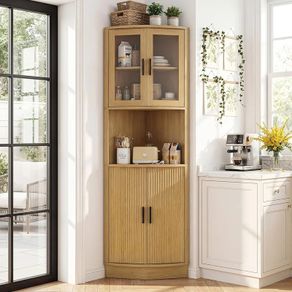 Tall Corner Storage Cabinet, Bathroom Corner Shelf Unit with Glass Door and 5 Storage Shelves, Freestanding Sideboard Cabinets for Living Room Kitchen, Nature