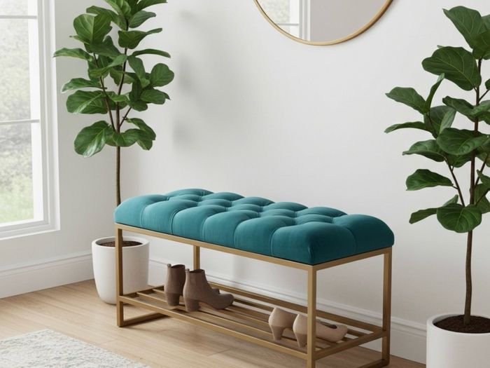Teal Velvet Upholstered Bench with Gold Metal Shoe Rack