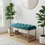 Teal Velvet Upholstered Bench with Gold Metal Shoe Rack Image 2