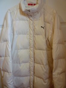 Jacket Puma Duck Feather Down Quilted Jacket. Cream. Hood detachable. Very good Condition.  Perfect Med,  Large Coat